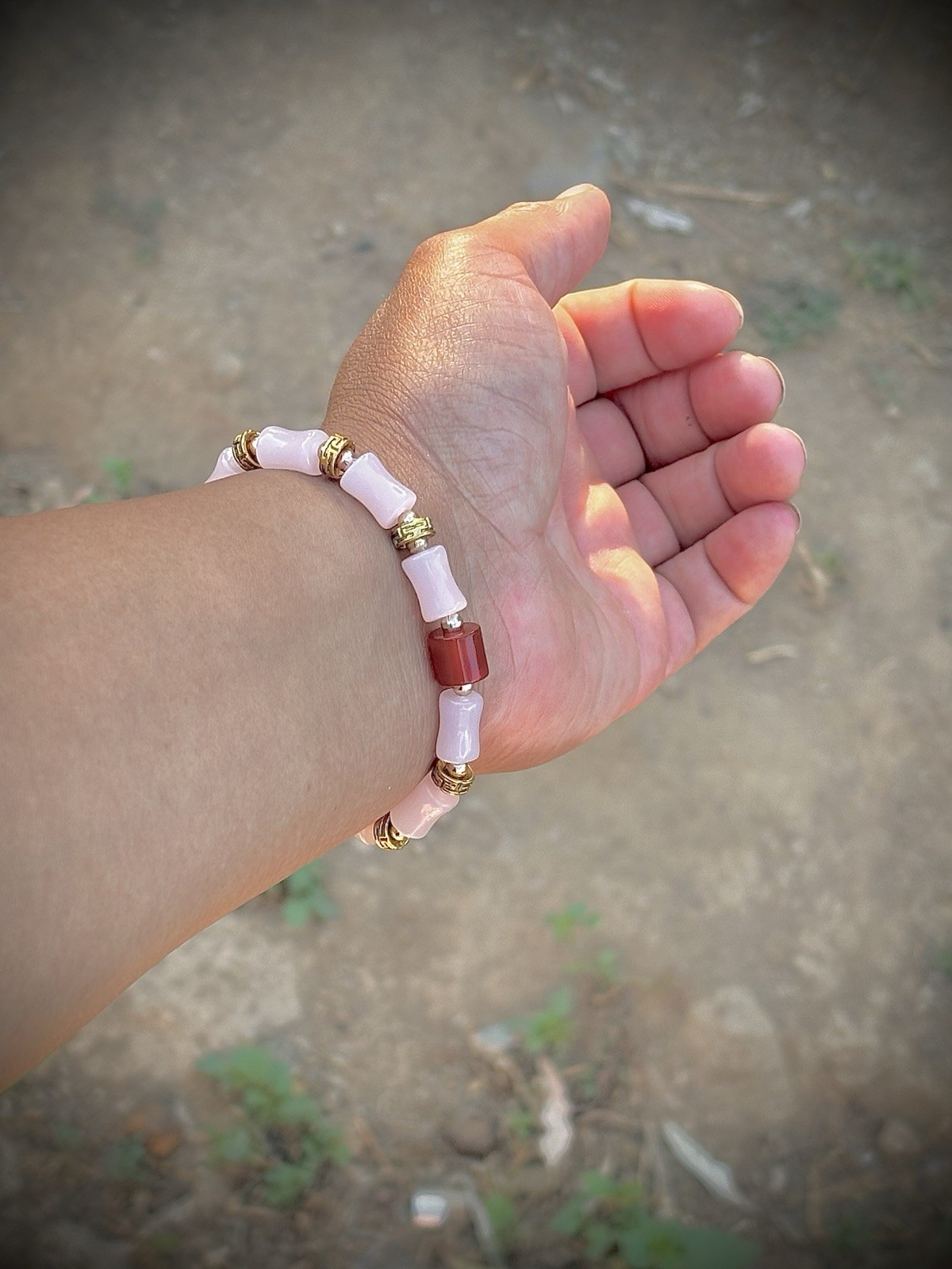 Rose Quartz Beaded Tube Bracelet W Bohemian Golden Platted Spacers. Natural