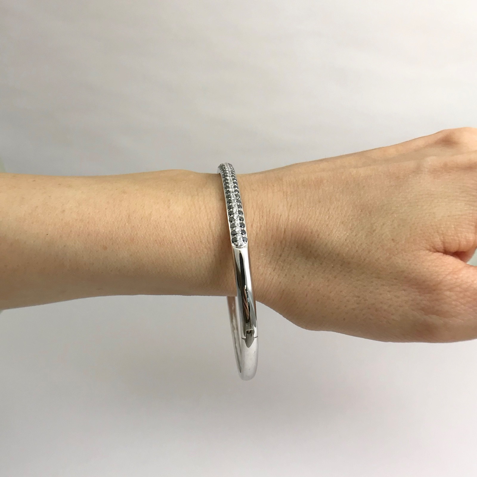 Pave Black White Diamond Bangle Bracelet 14K White Gold, 1.75 CTW, 14.07 Grams