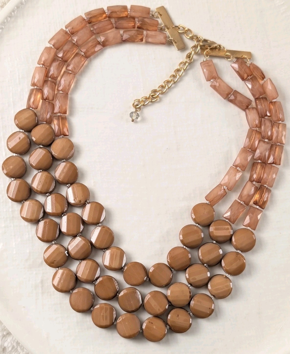 J.Jill Multi Strand Glass Bead Statement Necklace Brown Tan Peach Gold Tone
