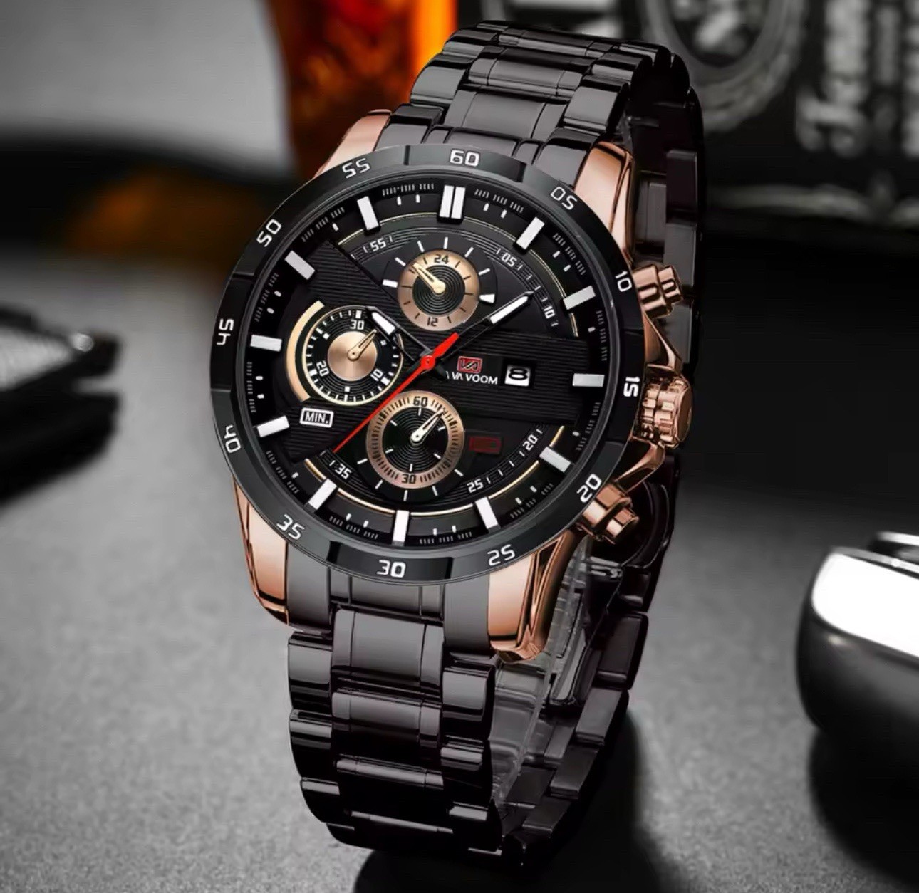 VAVOOM Men’s Quartz Chronograph Watch Date Analog 44-47.9mm Leather/SS