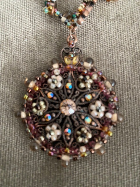 Vintage Copper Beaded Pendant Necklace Brown Golden Tones Old Czech Marked 