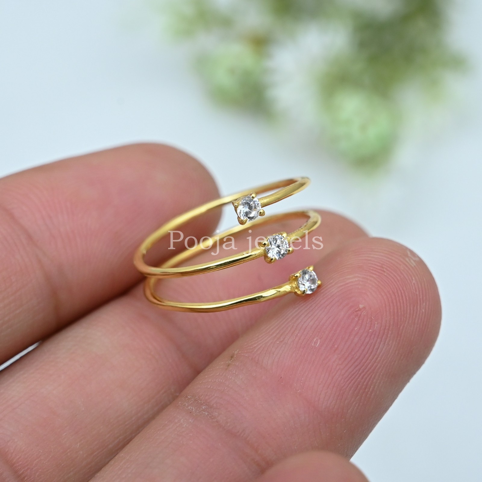 14K Yellow Gold Plated Triple Wrap Open Ring Round CZ Adjustable Minimalist Band