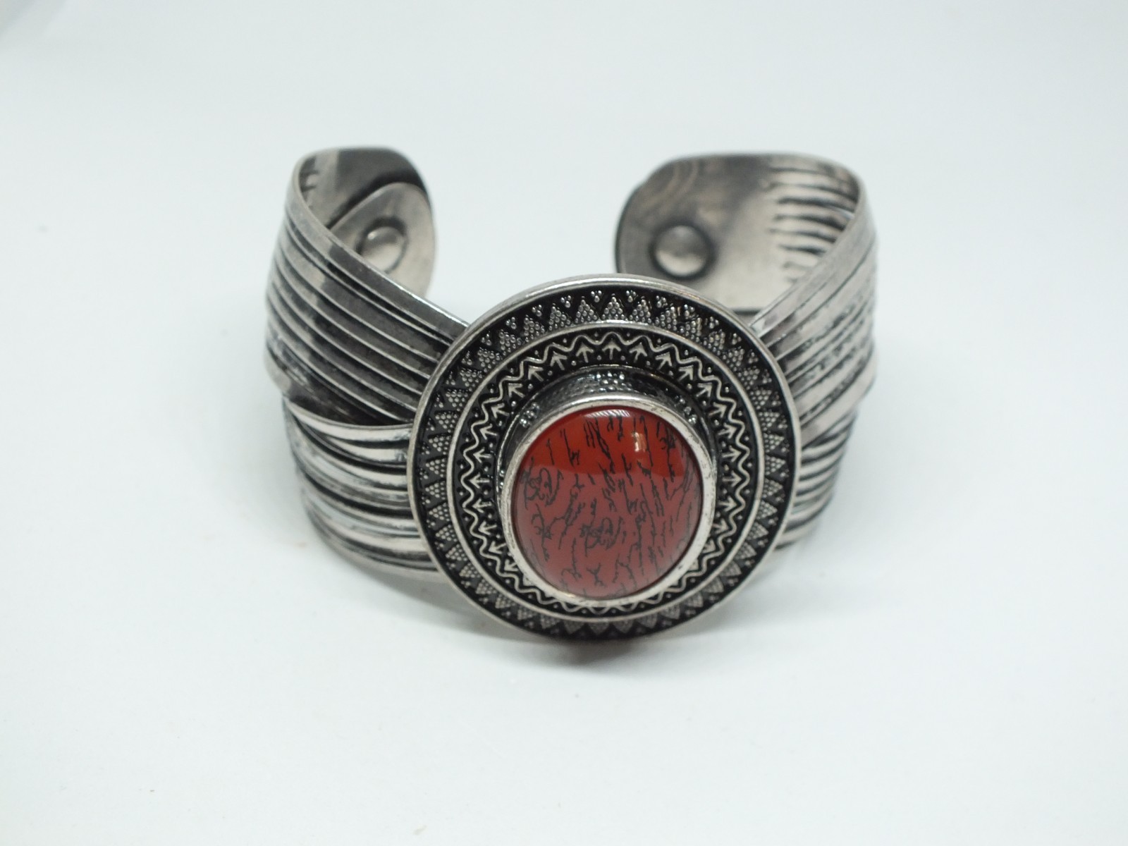 Cuff Bracelet Silver Tone Texture Rust Marbled Cabochon 1 7/8″ Wide x 2 1/4″ Acr
