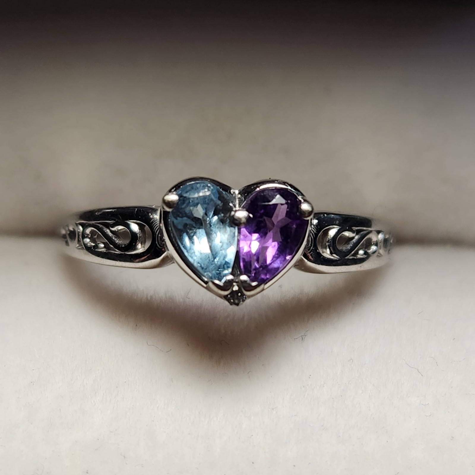 Amethyst & Aquamarine Ring 14k White Gold Sz 4.75