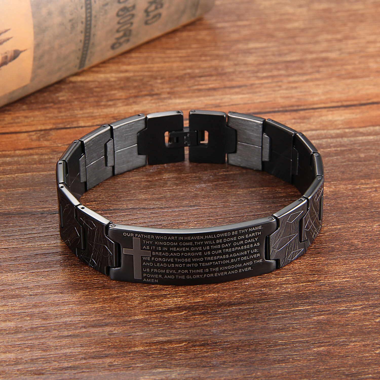 Men Black Stainless Steel Christ Cross English Bible Lords Prayer Chain Bracelet