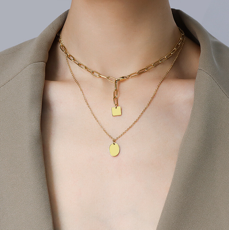 Woman 18K Gold Plated Stainless Steel Link Chain Square Oval Charm Two Layers