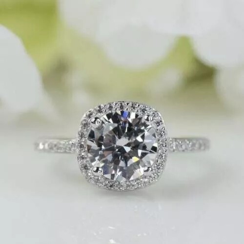 Moissanite 1.5Ct Diamond Halo Lovely Wedding Christmas Ring 14k White Gold
