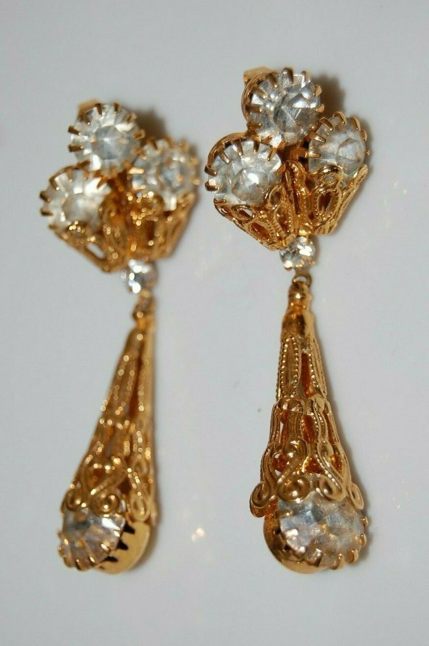 ELEGANT VTG CLEAR CRYSTALS FILIGREE ANTIQUE STYLE DROP DANG GOLDEN CLIP EARRINGS