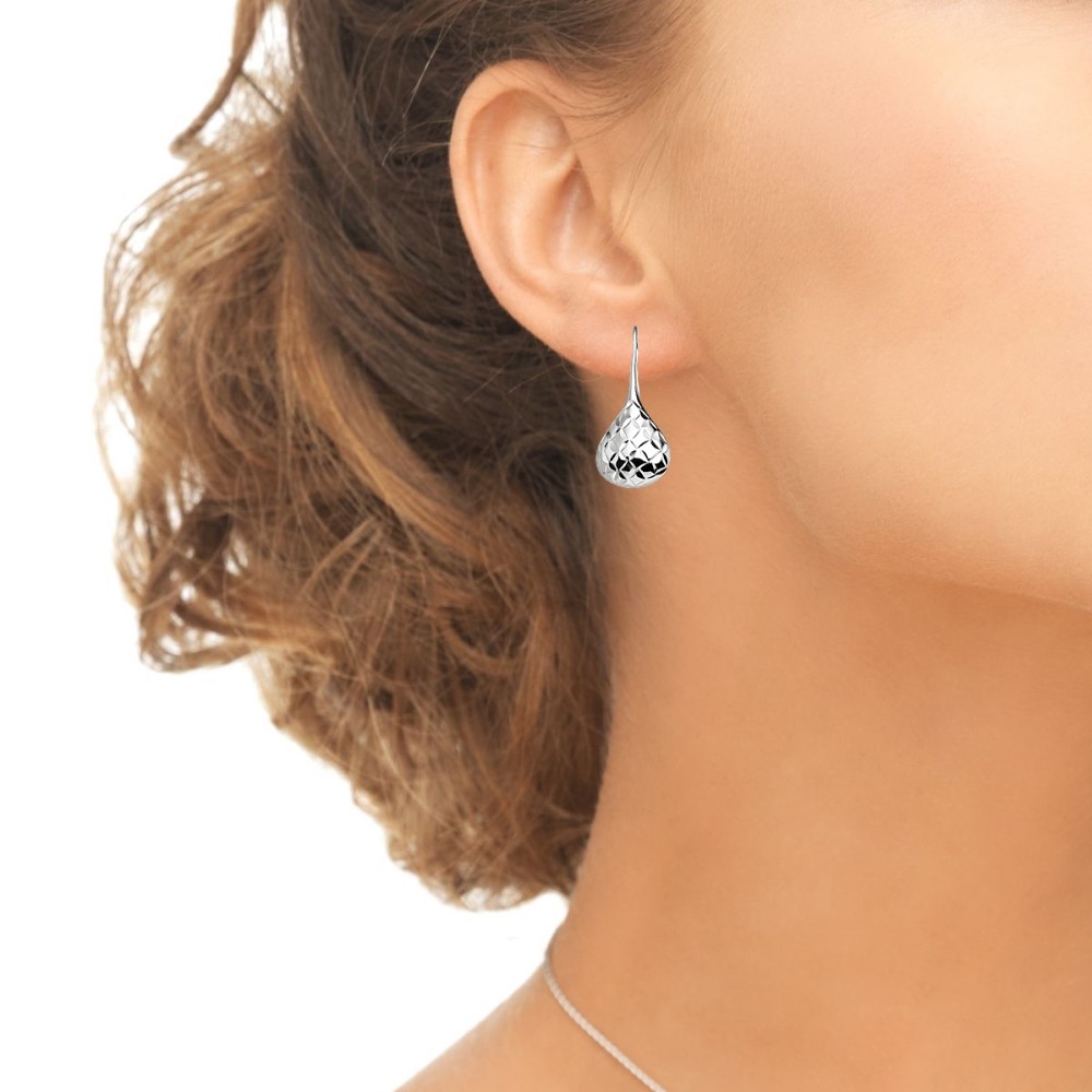 Sterling Silver Diamond-Cut Pear Shape Lotus Polished Drop Earrings, 3 Colors