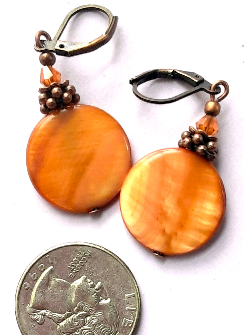 CARAMEL COLOR SHELL bicone crystal earring COPPER LEVERBACK artisan XX
