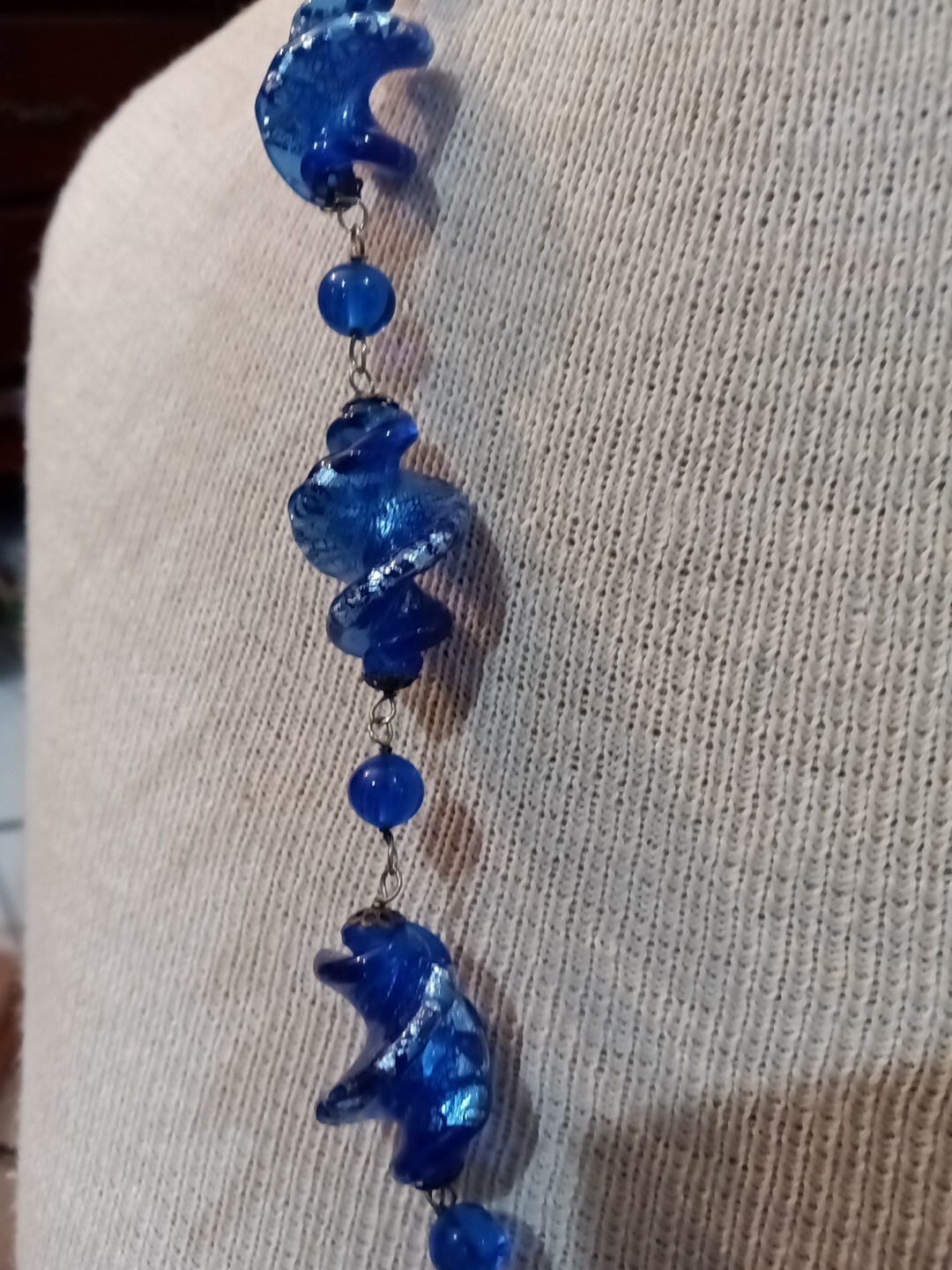 Handcrafted Twisted Blue White Murano Glass Blue Round Beads & Gunmetal Necklace