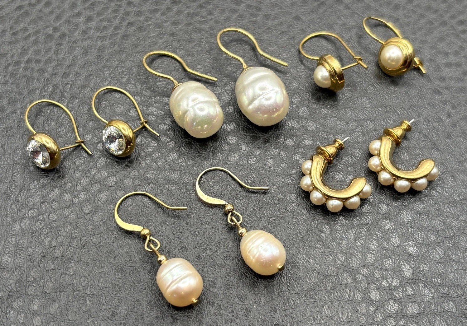 Lot Of 5 Pairs Gold Tone Pearl & Crystal Drop Dangle Hoop Earrings Set