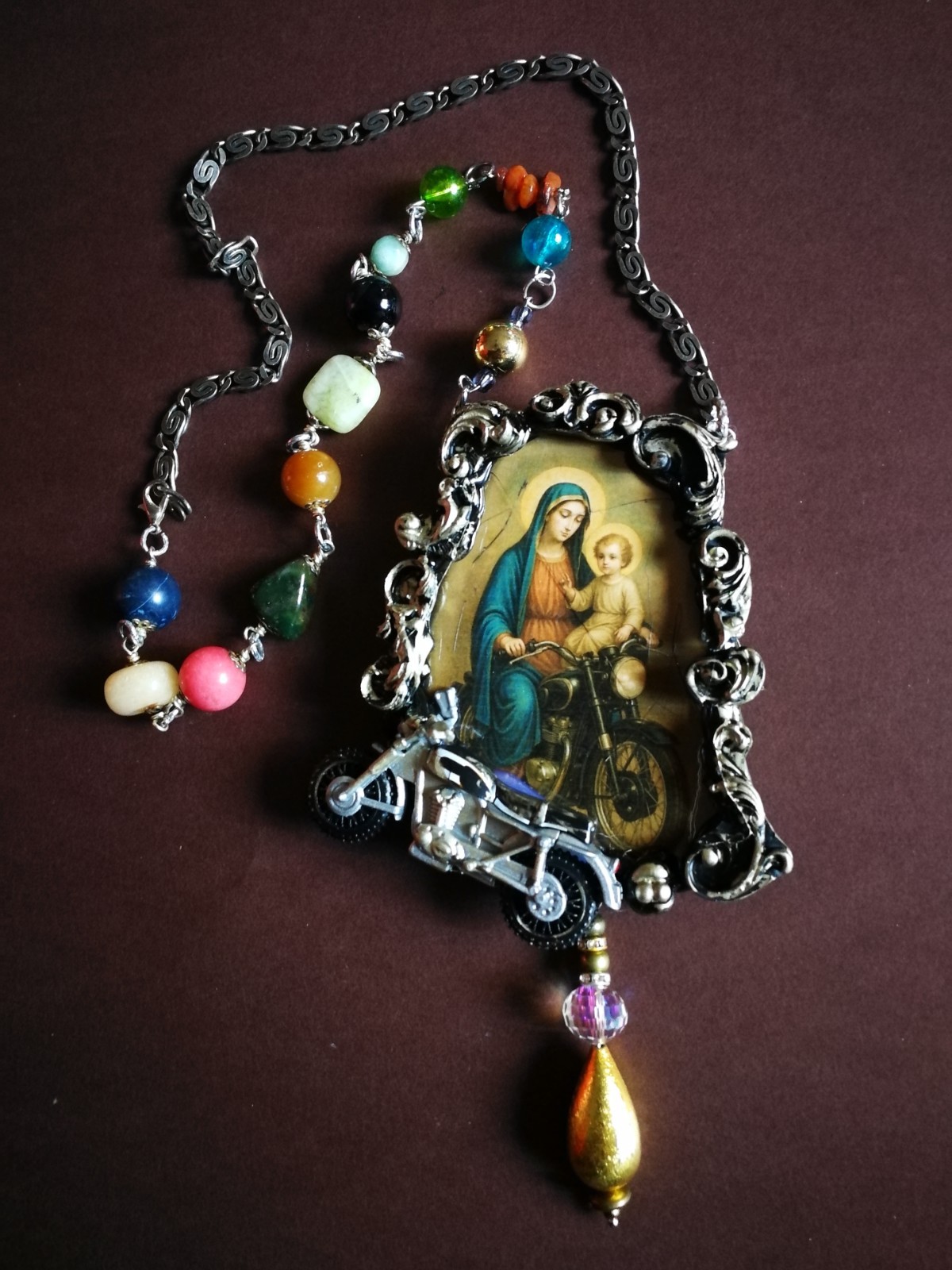 Vintage Assemblage Jewelry Necklace Pendant Baroque Pop Religion Motorcycle Fans