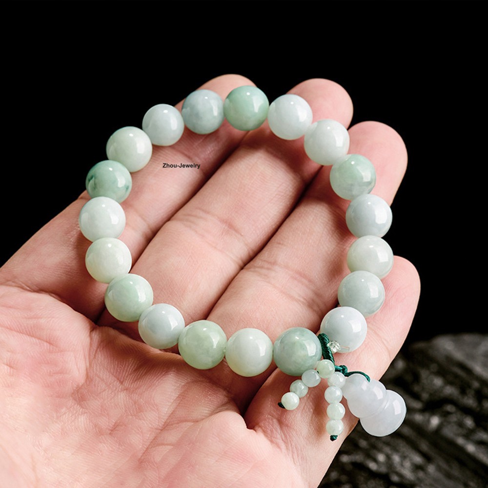 Natural Jadeite Beaded Bracelet with Gourd Charm – Elastic Stretch Grade A Jade