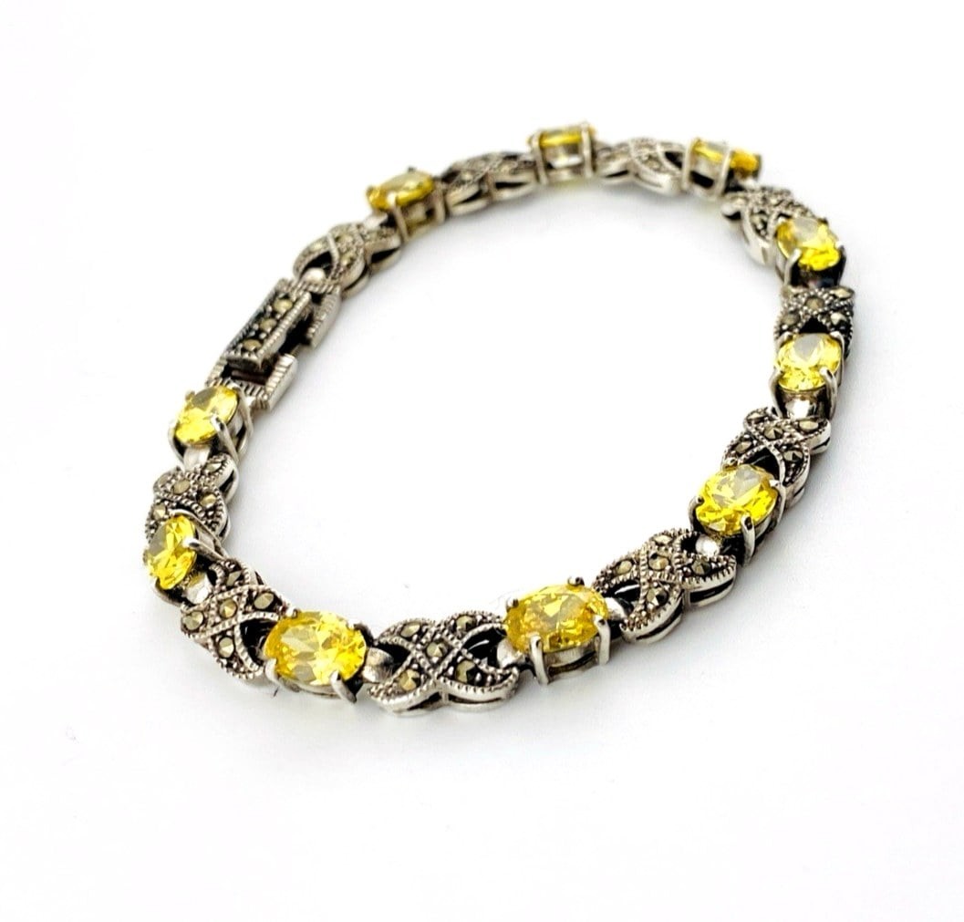 Canary Yellow CZ Marcasite Sterling Silver Link Bracelet Vintage 7.25 in