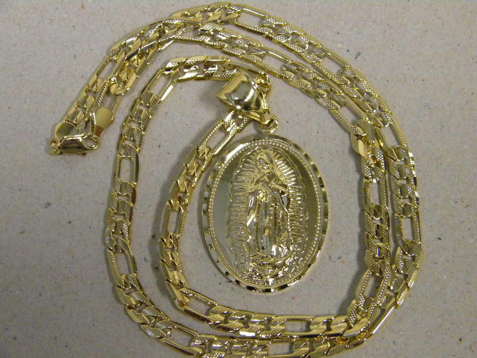 Men’s Yellow Gold Plated Figaro Chain & Large Oval Mother Mary Charm Set 24 30in
