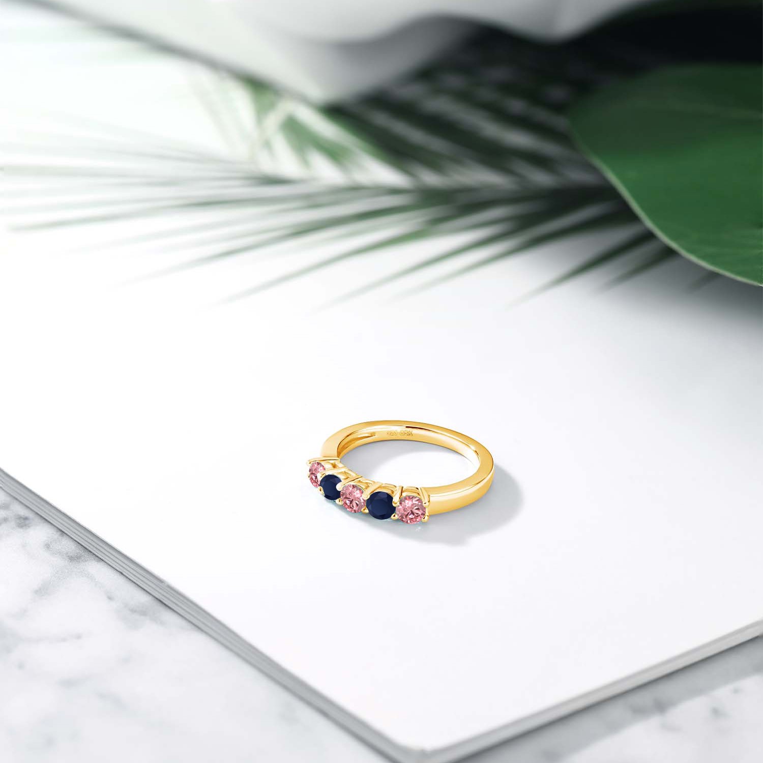 18K Yellow Gold Plated Silver Pink Lab Grown Diamond and Sapphire Wedding-Bands