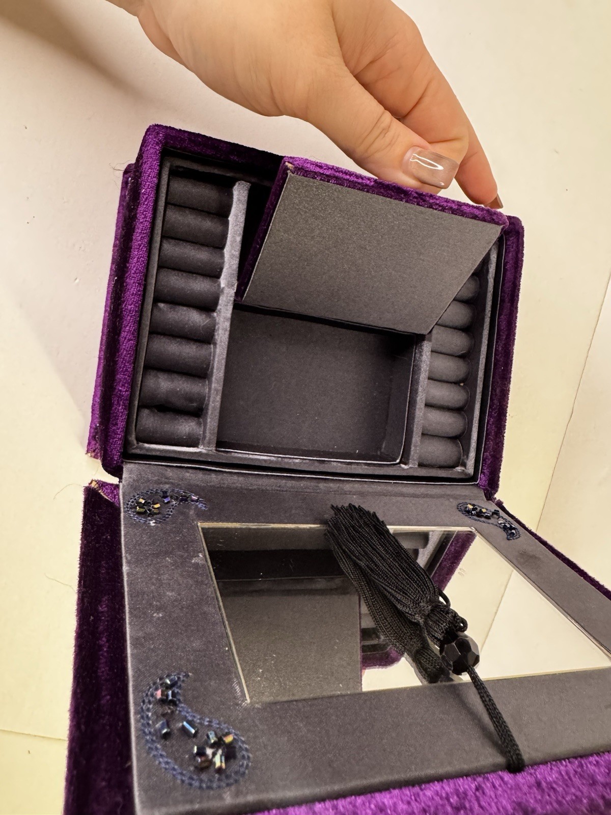 Vintage Purple Velvet Jewelry Box Mirror Drawer Ring Organizer Beaded Decor