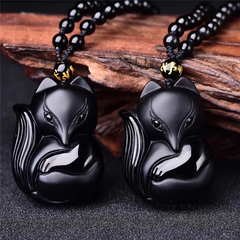 Vintage Exquisite Obsidian Fox Pendant Beaded Chain Necklace Charm Unisex Amulet