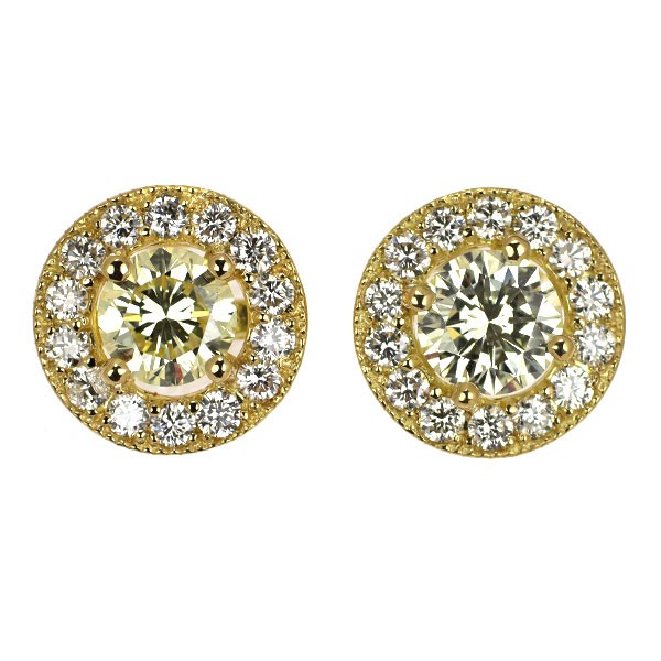 Brand New K18YG Diamond Earrings 1.048ct VLY VS2/SI1 VG/G D0.46ct Forged Milgrai