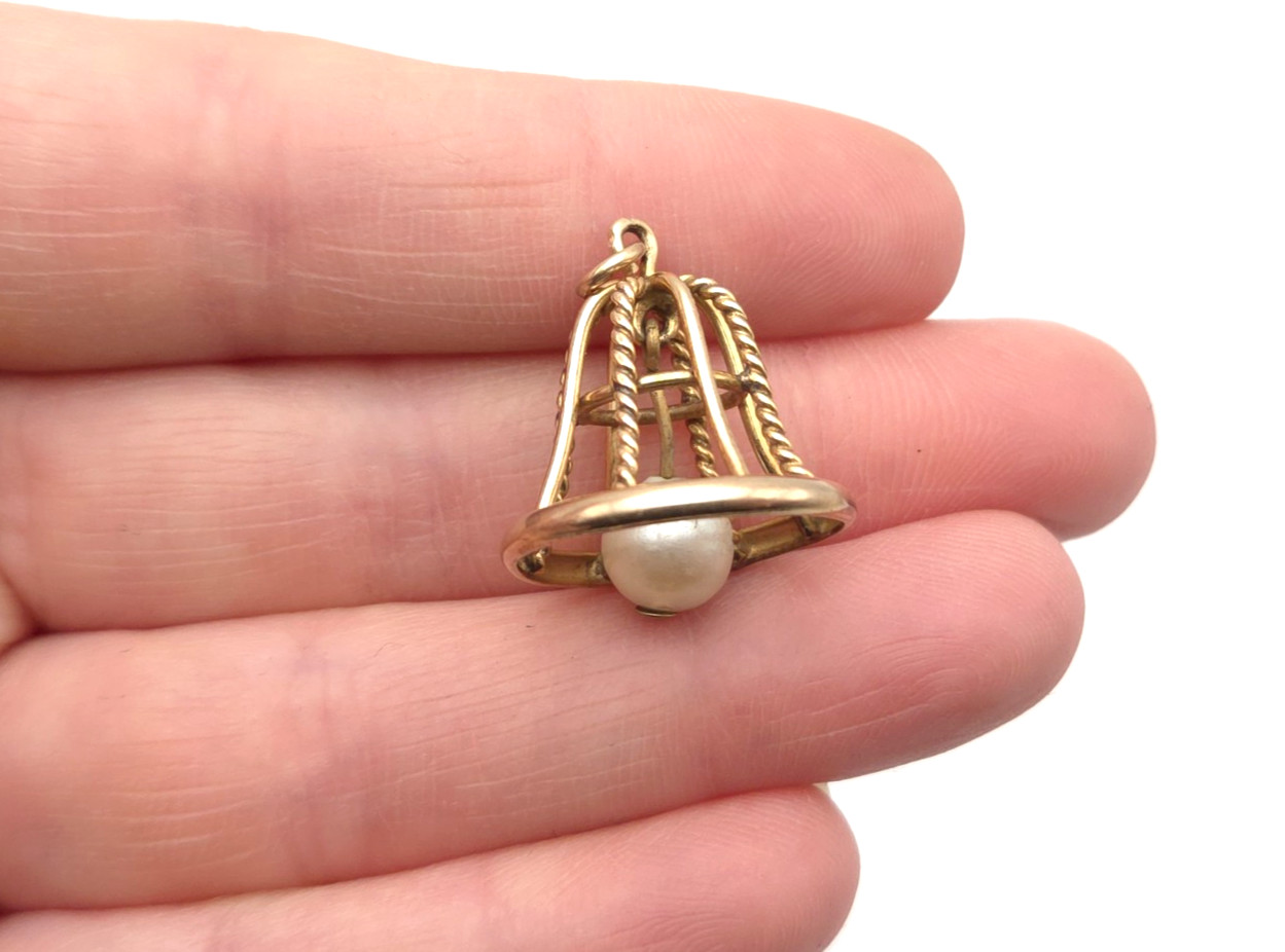 Vintage 14k Solid Gold & Pearl Movable Openwork Bell Pendant or Charm 2.4grams