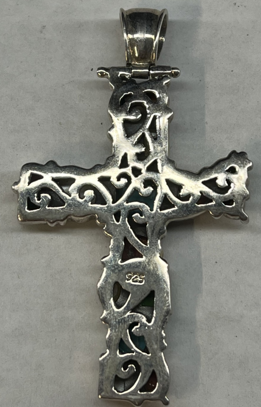 925 Sterling Silver Multi Colored Stones Cluster Cross Pendant Large 2.75″