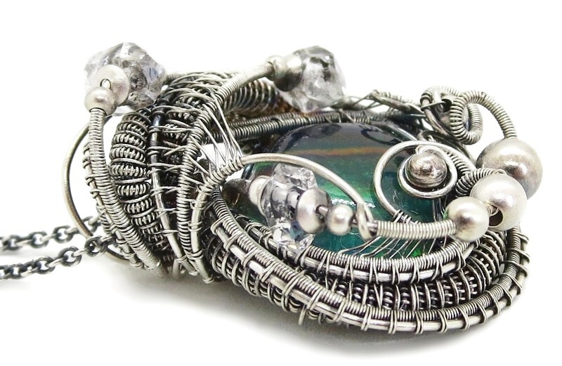 Aurora Opal Wire-Wrapped Pendant in Sterling Silver with Herkimer Diamonds