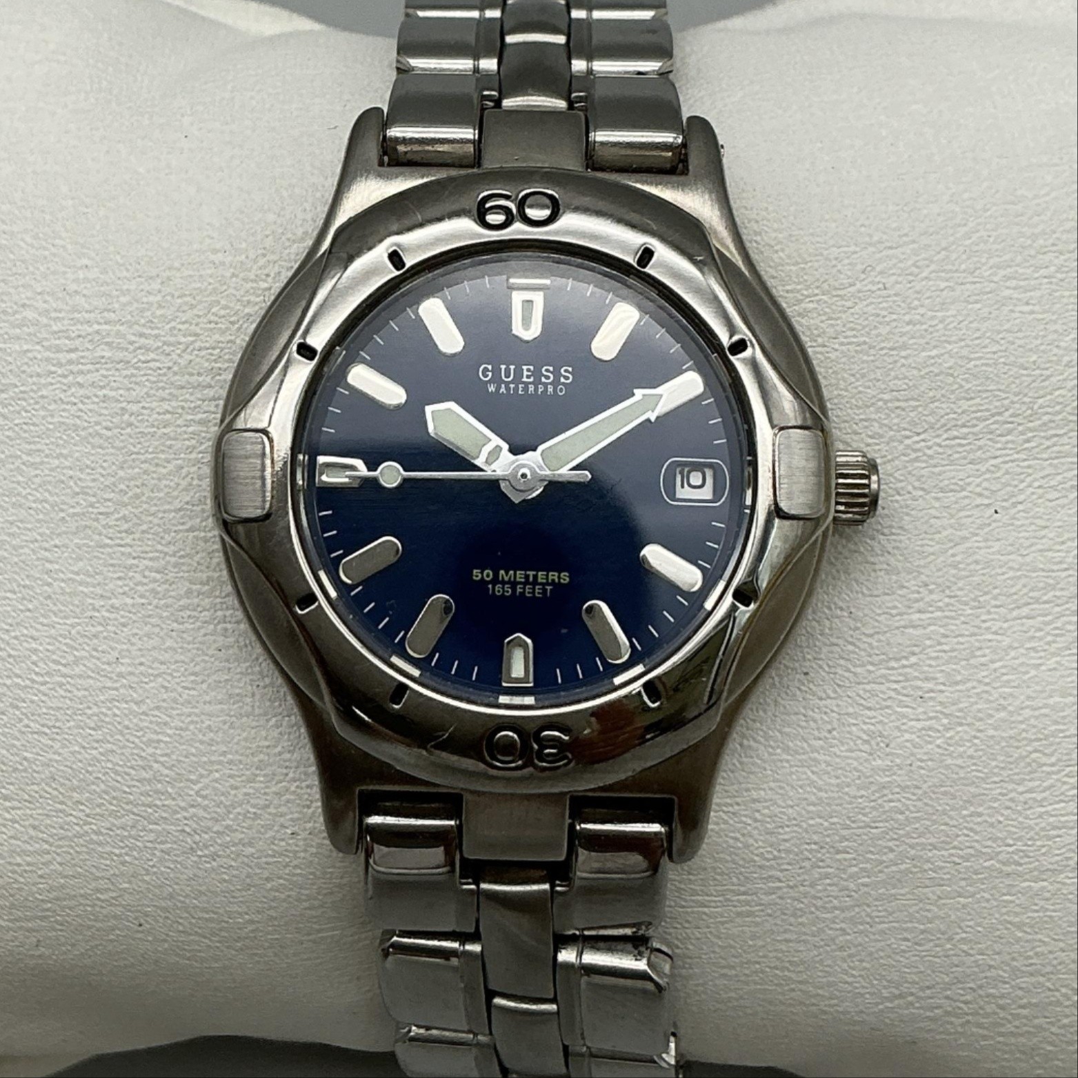 Guess Waterpro Womens Watch 28mm Blue Dial Date Stainless New Battery 6.25″