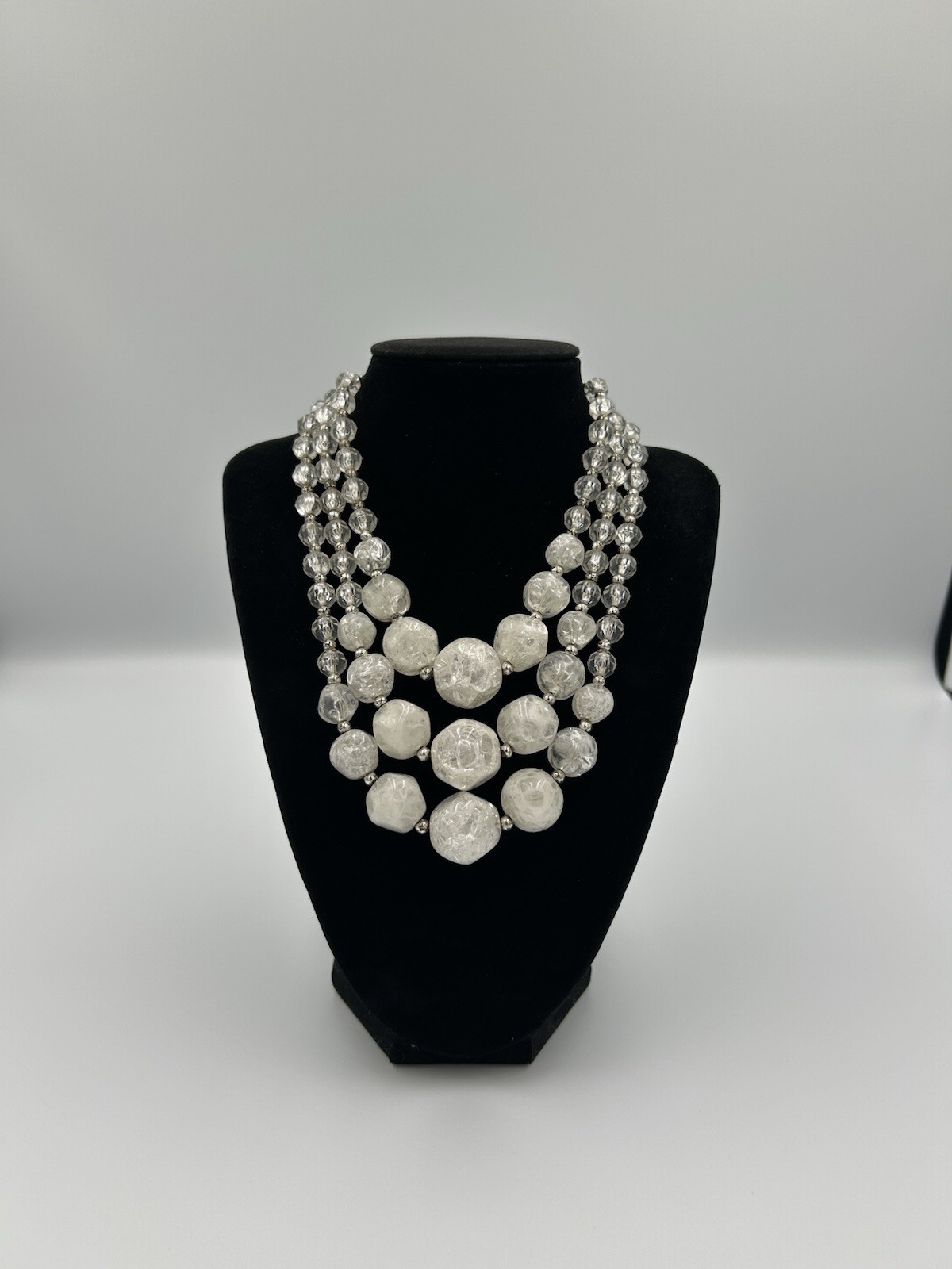 Vintage White Crackle Glass Multi-Strand Statement Necklace 15”-18”