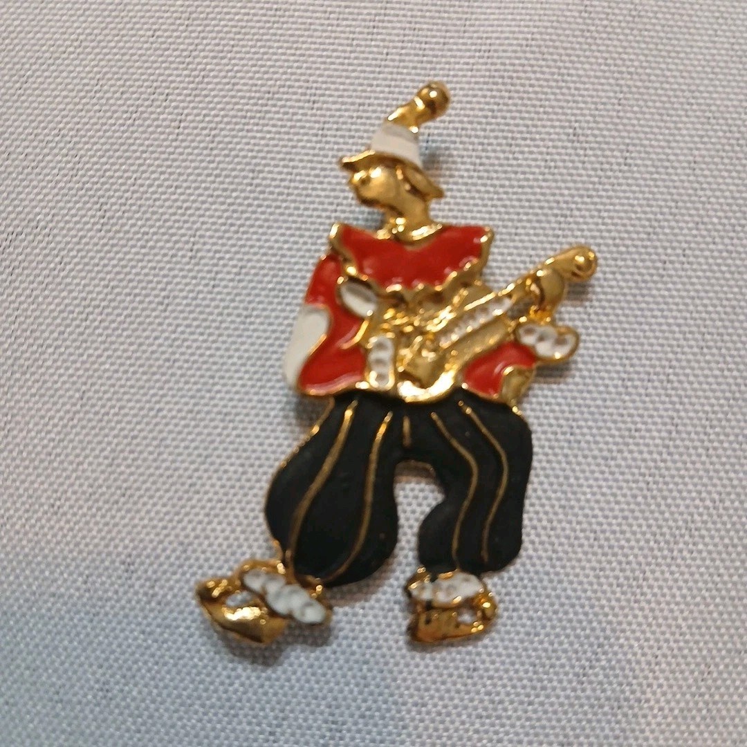 Vintage Gold Tone Enamel Clown Brooch Pin 2″ Red Black White Musician Guitar