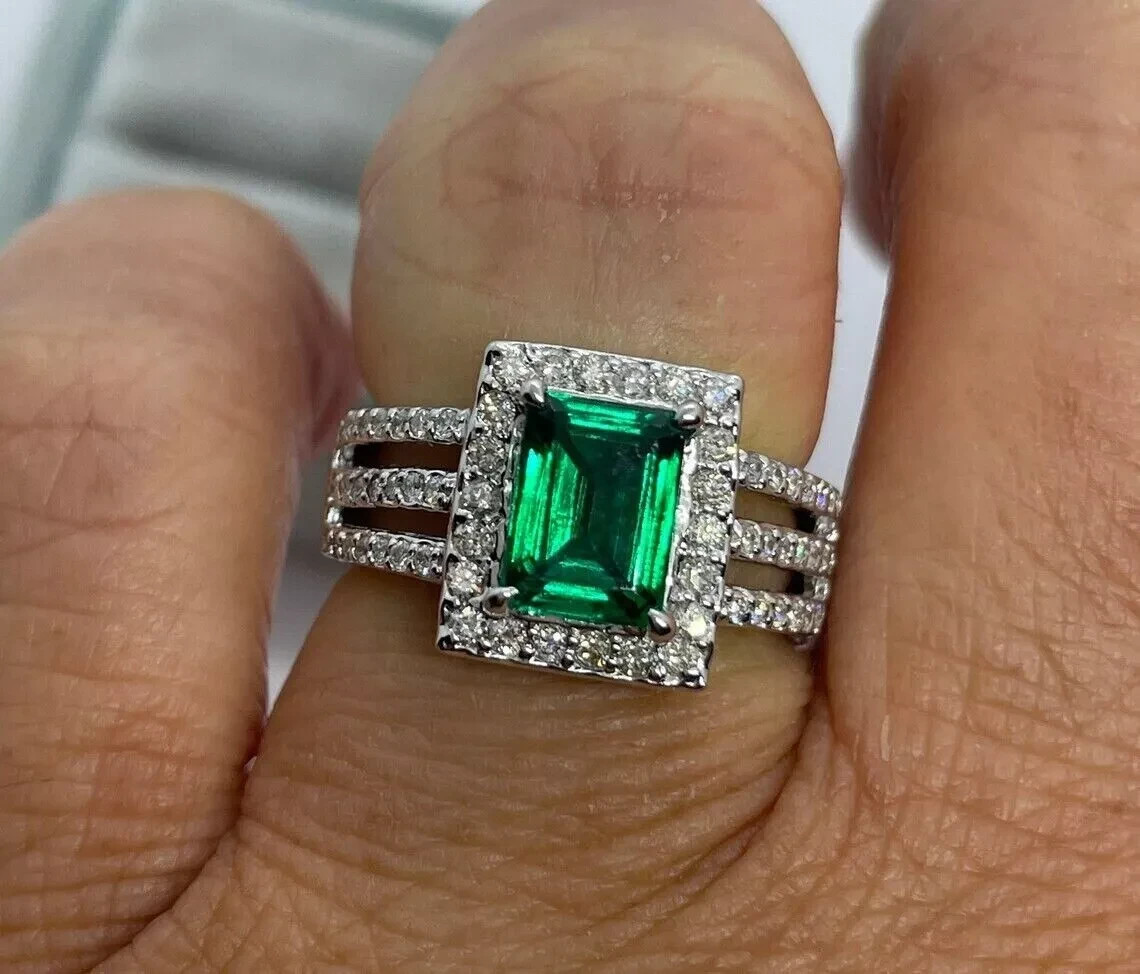 2.00Ct Lab Created Emerald Halo Engagement Ring 14K White Gold Plated