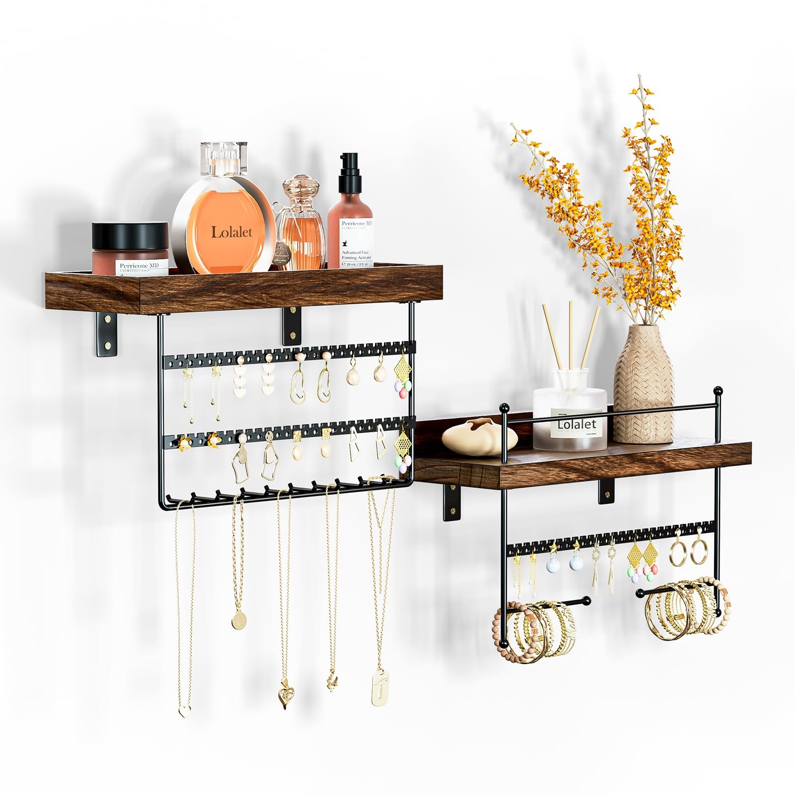 Wall Mount Hanging Jewelry Organizer -Set of 2, Brown