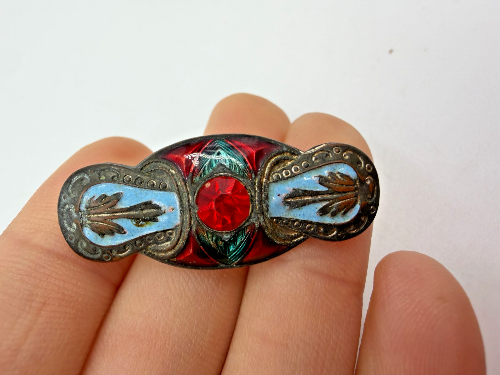 Vintage Brooch Art Deco Enamel Pin Blue Red Red Glass Stone Lightweight