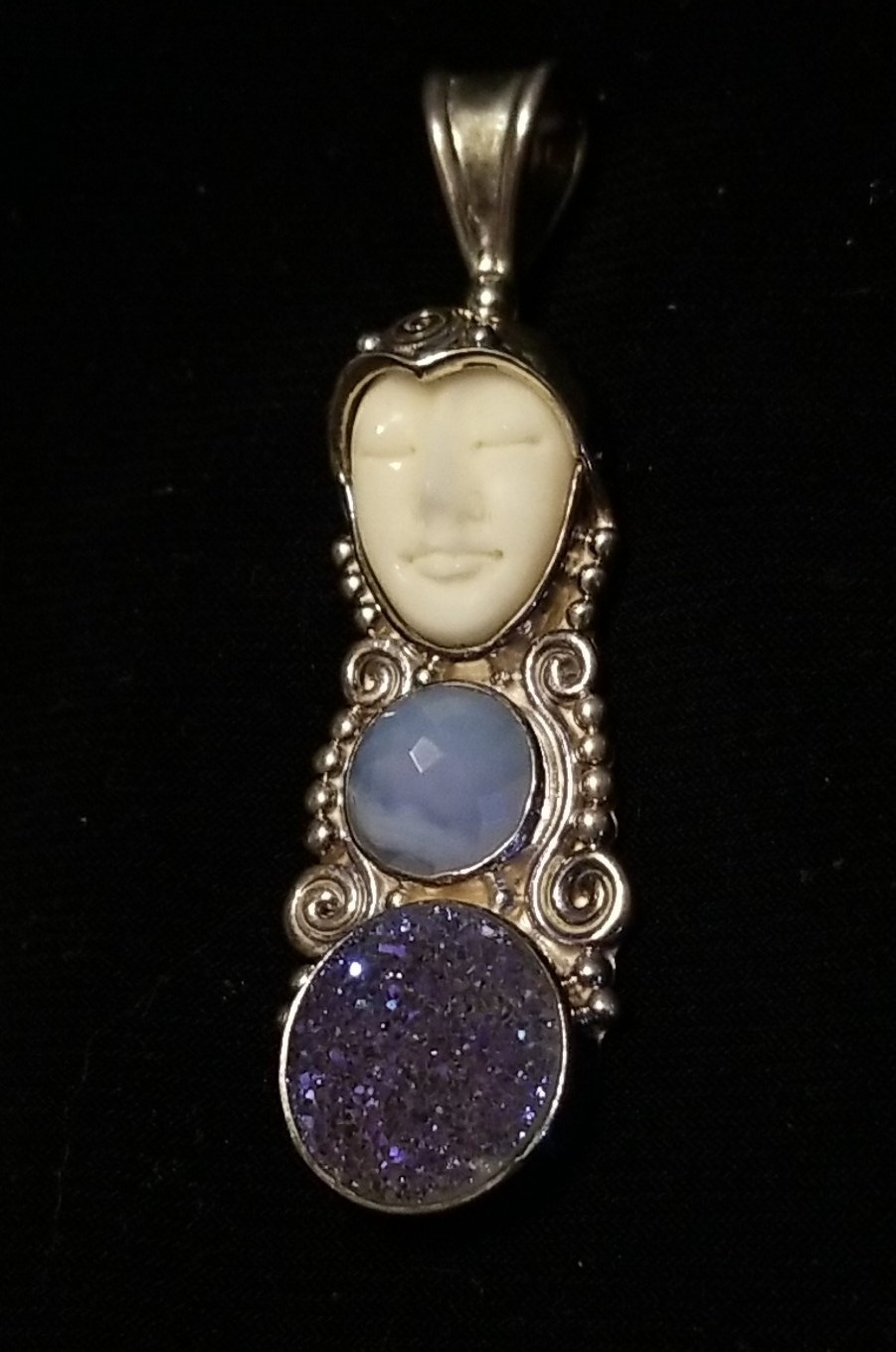 Sajen Silver Sleeping Goddess Pendant, Drusy, Gemstone, Bone, Sterling, 2 Inch