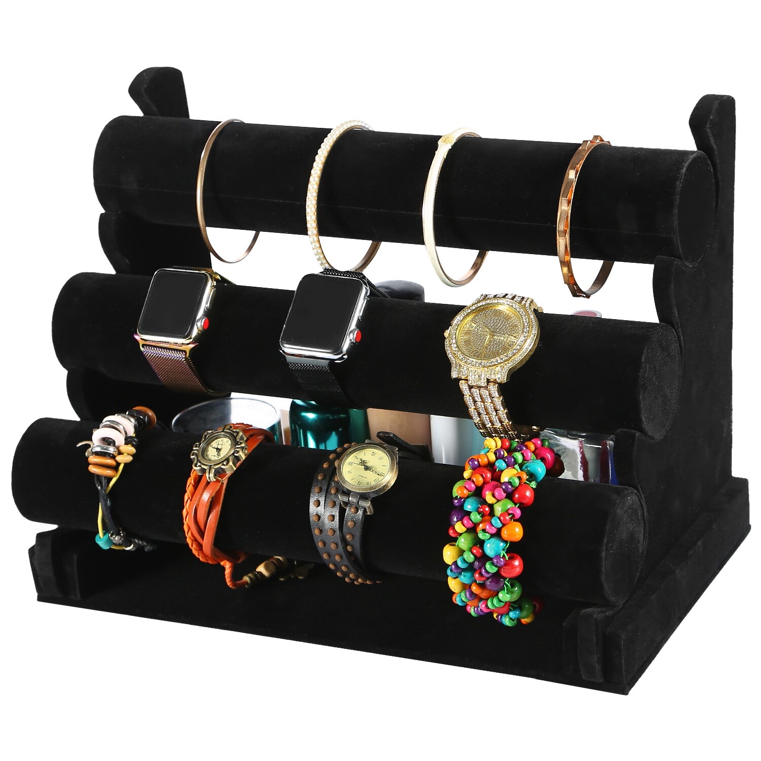 3-Bar Jewelry Watch Bracelet Chain Holder Display Stand Organizer Black Velvet