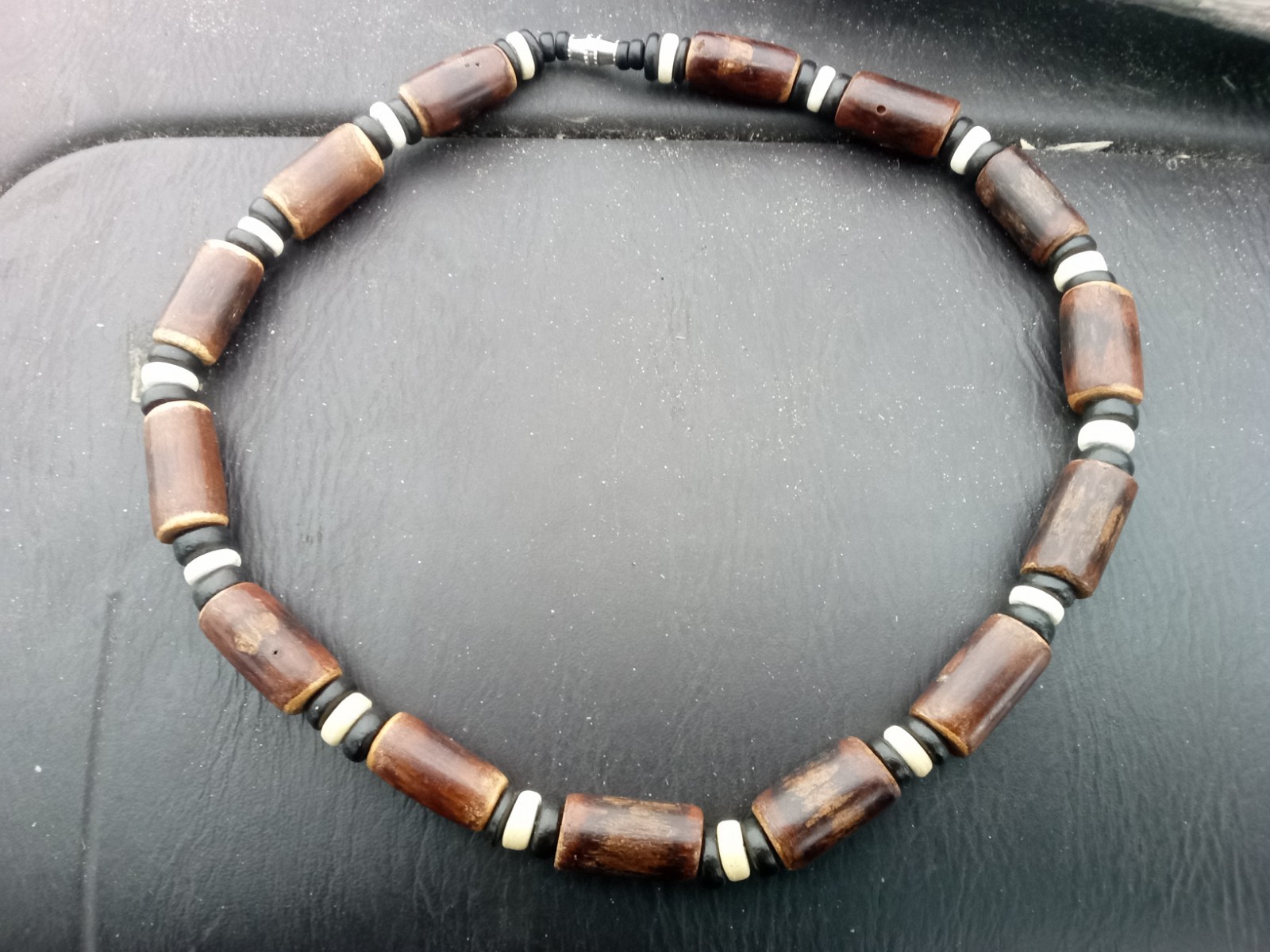 Beaded wood and bone necklace, brown black white, barrel clasp