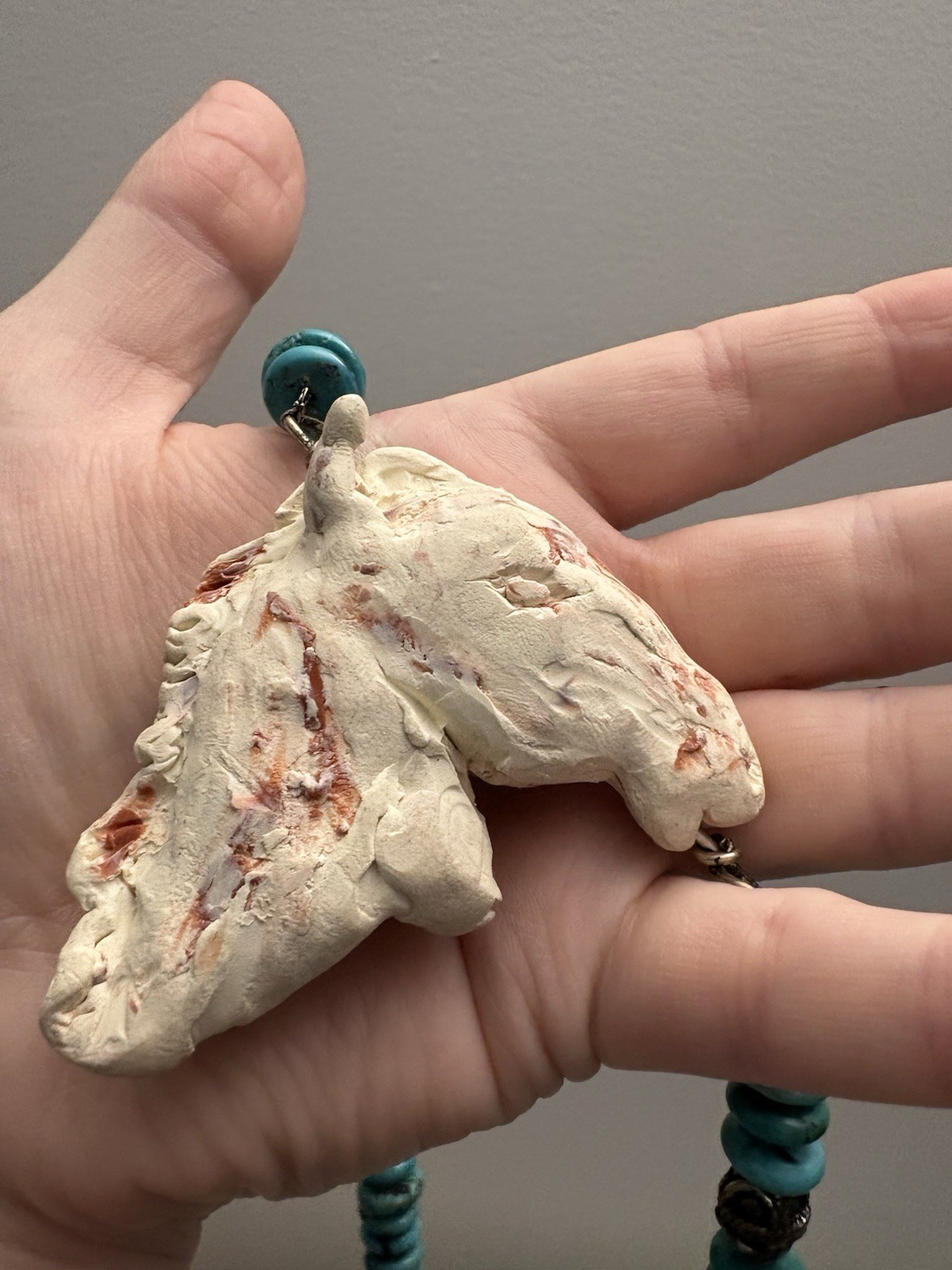 Handmade Statement Clay Horse Head and turquoise Bead Necklace