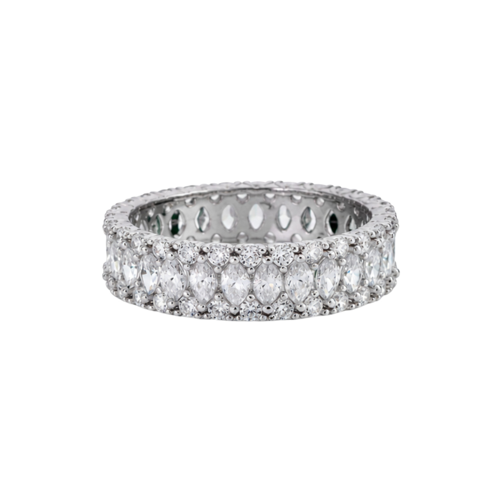 Rhodium Plated 925 Sterling Silver 5.4mm Triple Row Eternity Band Clear CZ Ring