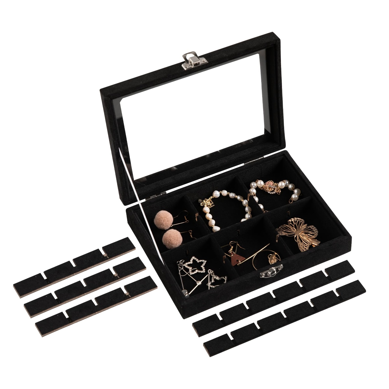 24 Grid Jewelry Tray Velvet Stud Earring Organizer with Clear Lid for Women