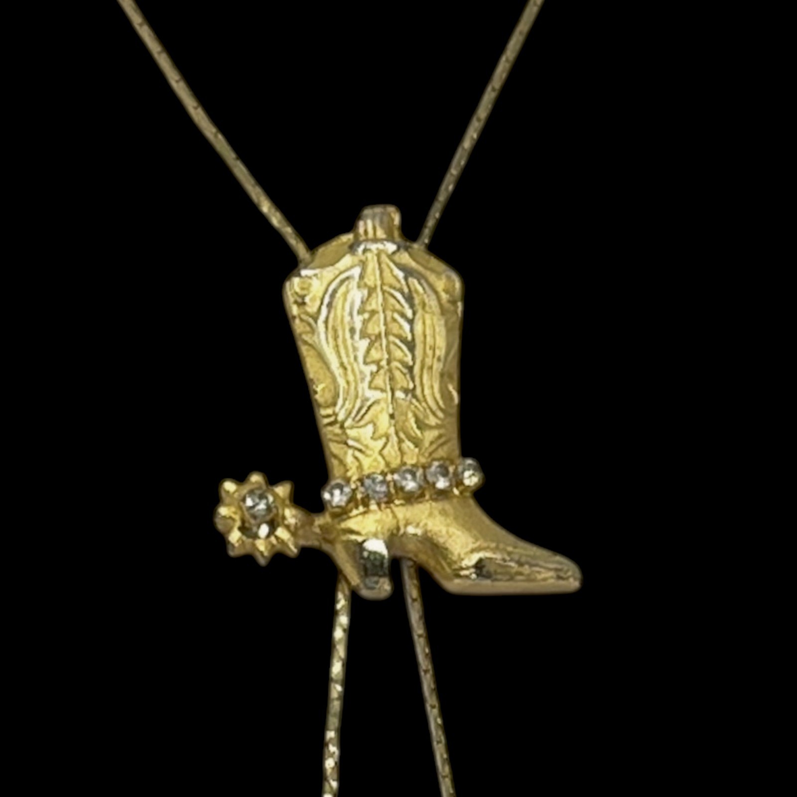 VTG Cowboy Boot Y Drop Necklace Bolo Lariat Gold Tone Etched Rhinestone Spur