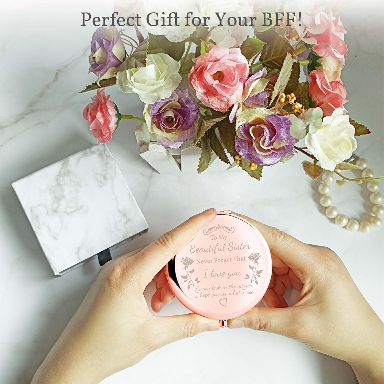 Elegant Compact Mirror to My Sister – Unique Rose Gold Gift with Love Note