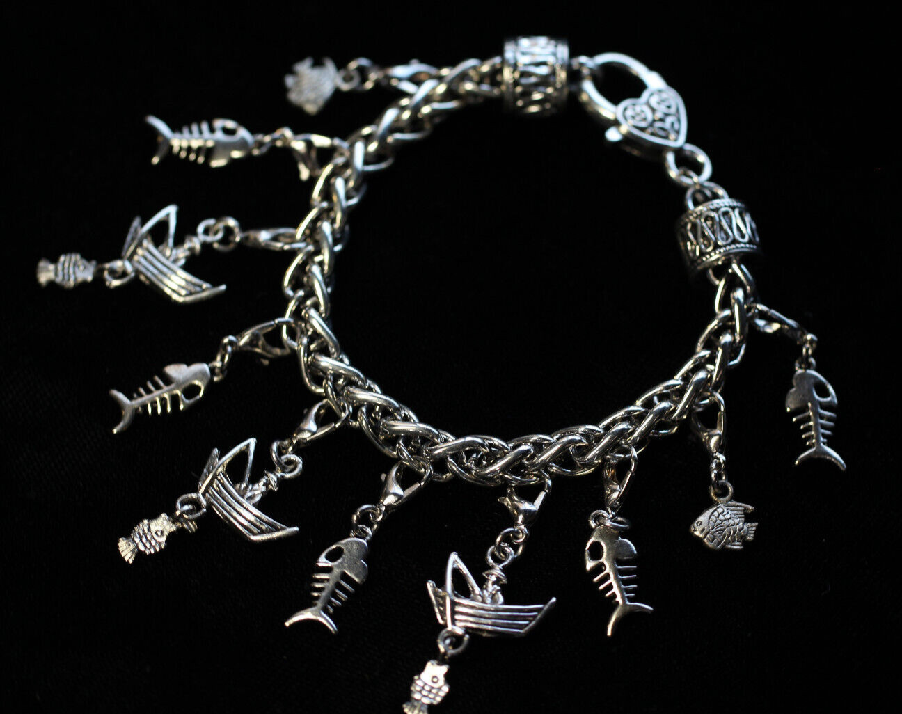 Fishing Theme Charm Bracelet Silver Pewter Charms 8″ Interchangeable Fisherman