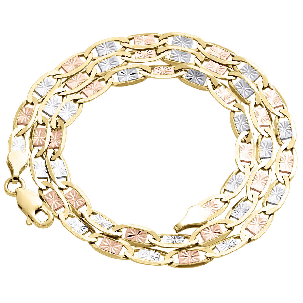 Real 10K Tri-Tone Gold Solid Valentino Link Chain 4mm Necklace 16 – 30 Inches