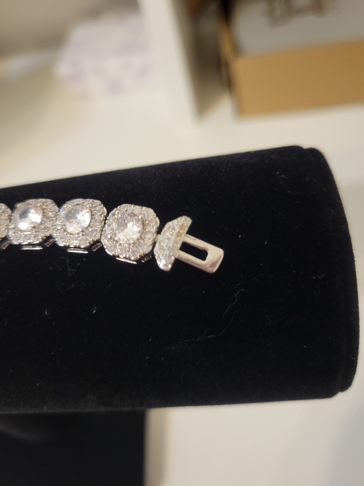Silver Tone Cushion Cut Halo Simulated CZ Tennis Bracelet Box Clasp Closure