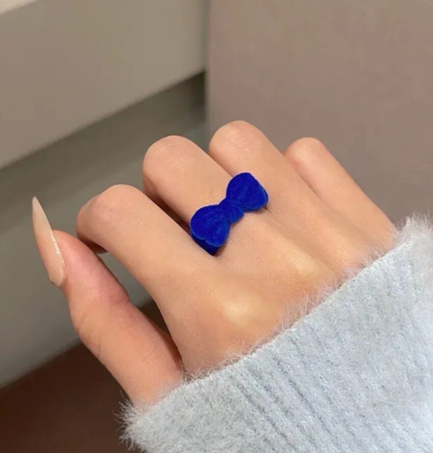Kawaii Japanese Imported Flocked Fuzzy Ribbon Bow Ring Adjustable BLUE K-Pop