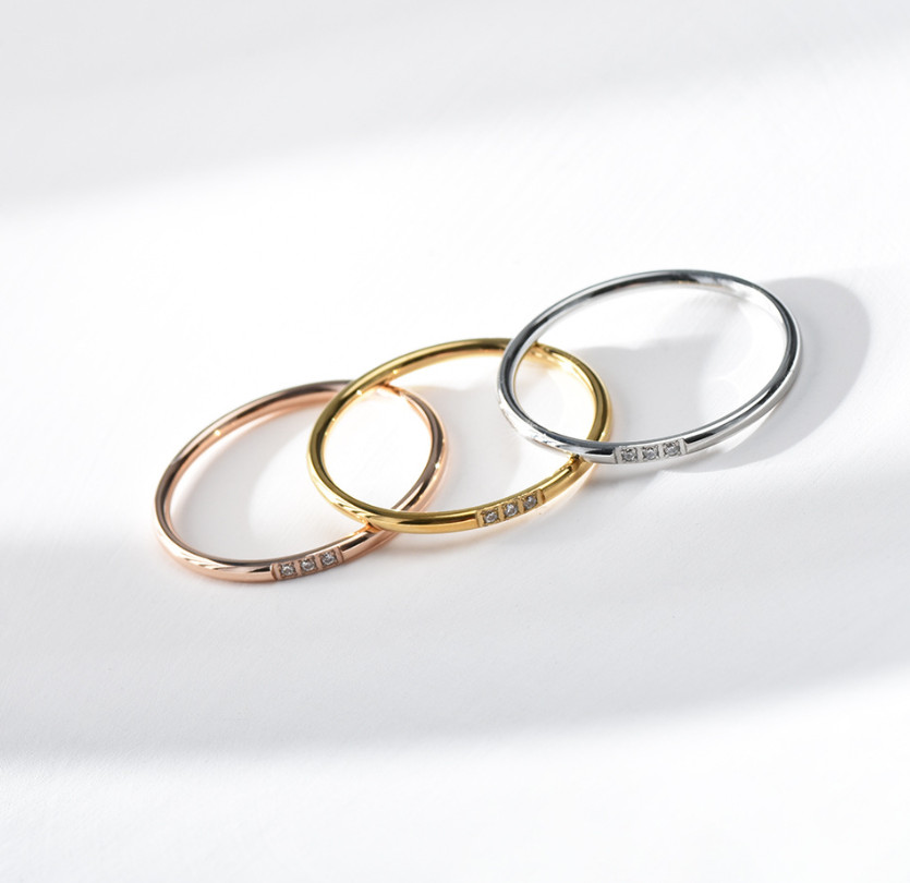 Women Thin 1mm Silver Gold Plated Stainless Steel CZ Inlay Stackable Ring Band