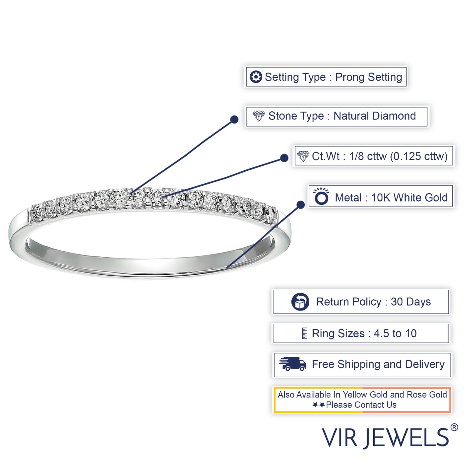 1/8 ct Diamond Wedding Anniversary Band Women 10K Gold Round Petite Prong