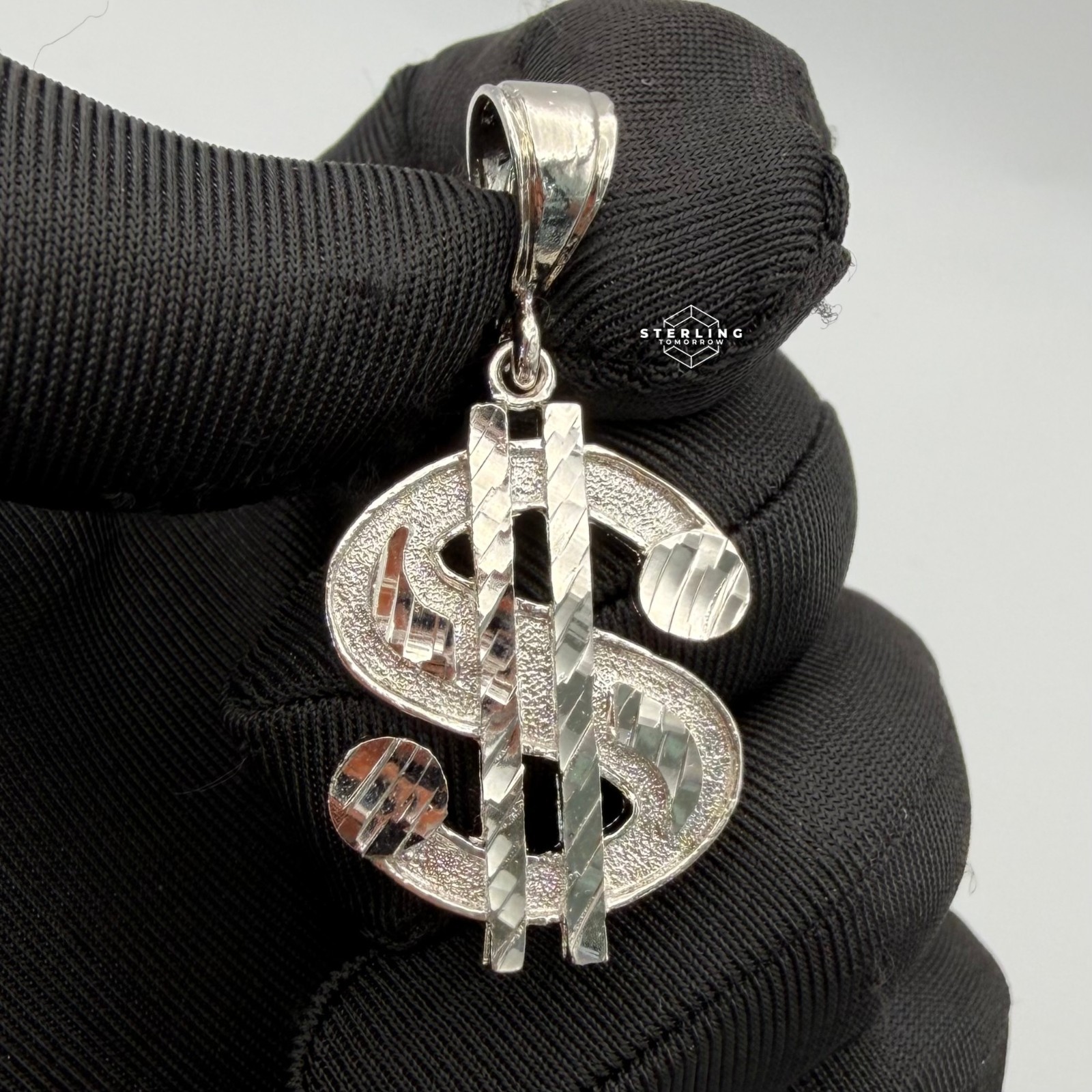 Solid 925 Sterling Silver Detailed Dollar Money Pendant + Steel Rope Chain