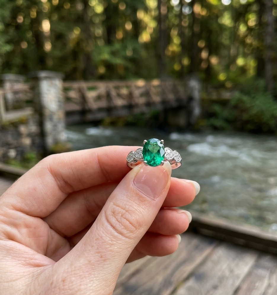 Oval Natural Emerald & Diamond Wedding Gift Ring 14k White Gold (Import Free)