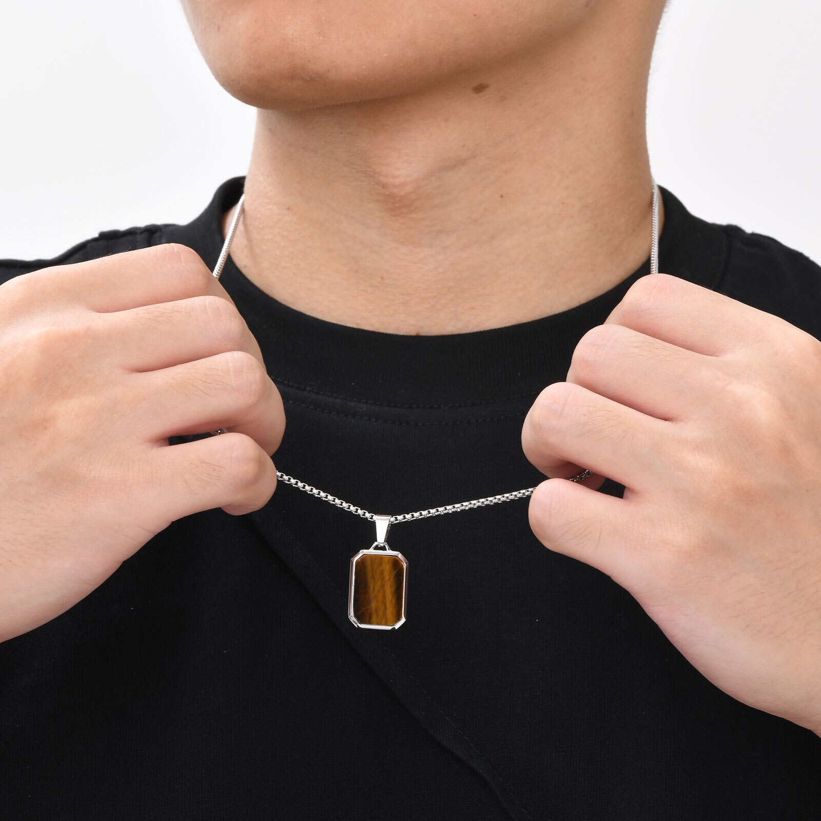 Stainless Steel Necklace Square Lapis Lazuli Pendant Tiger Eye Stone Premium